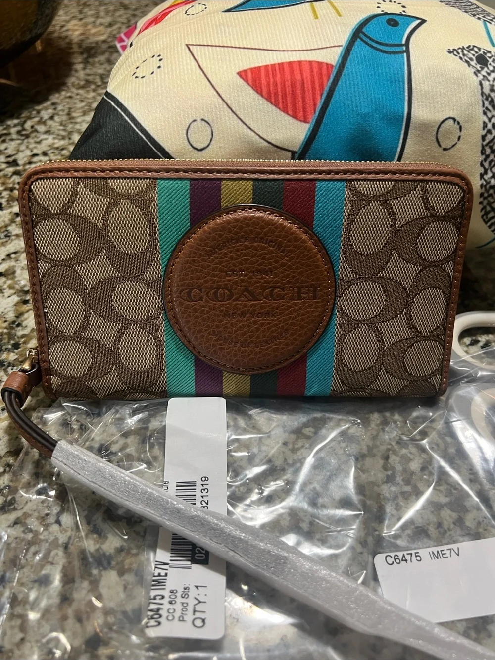 Coach Brown Signature Canvas Zip Wallet with Teal, Purple, Yellow & Red Stripes
