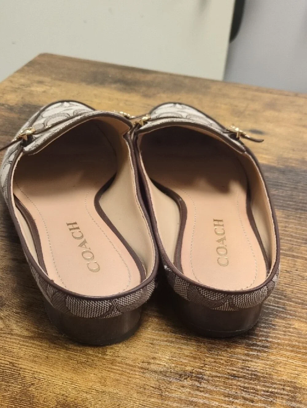 Coach Brown Signature Monogram Mules with Gold Accents/8.5B