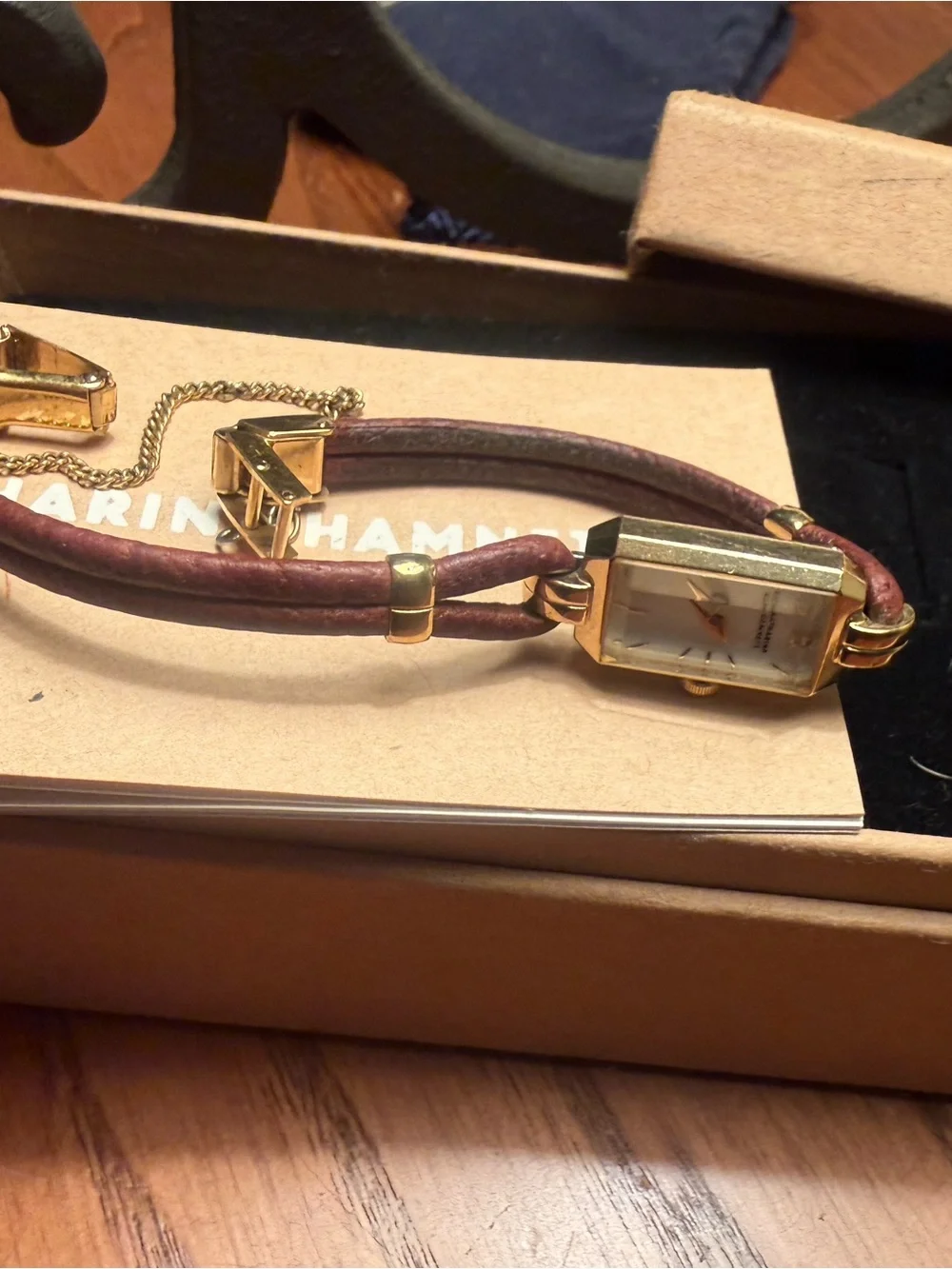 Katharine Hamnett Gold-Tone Rectangular Ladies Watch with Brown Leather Strap