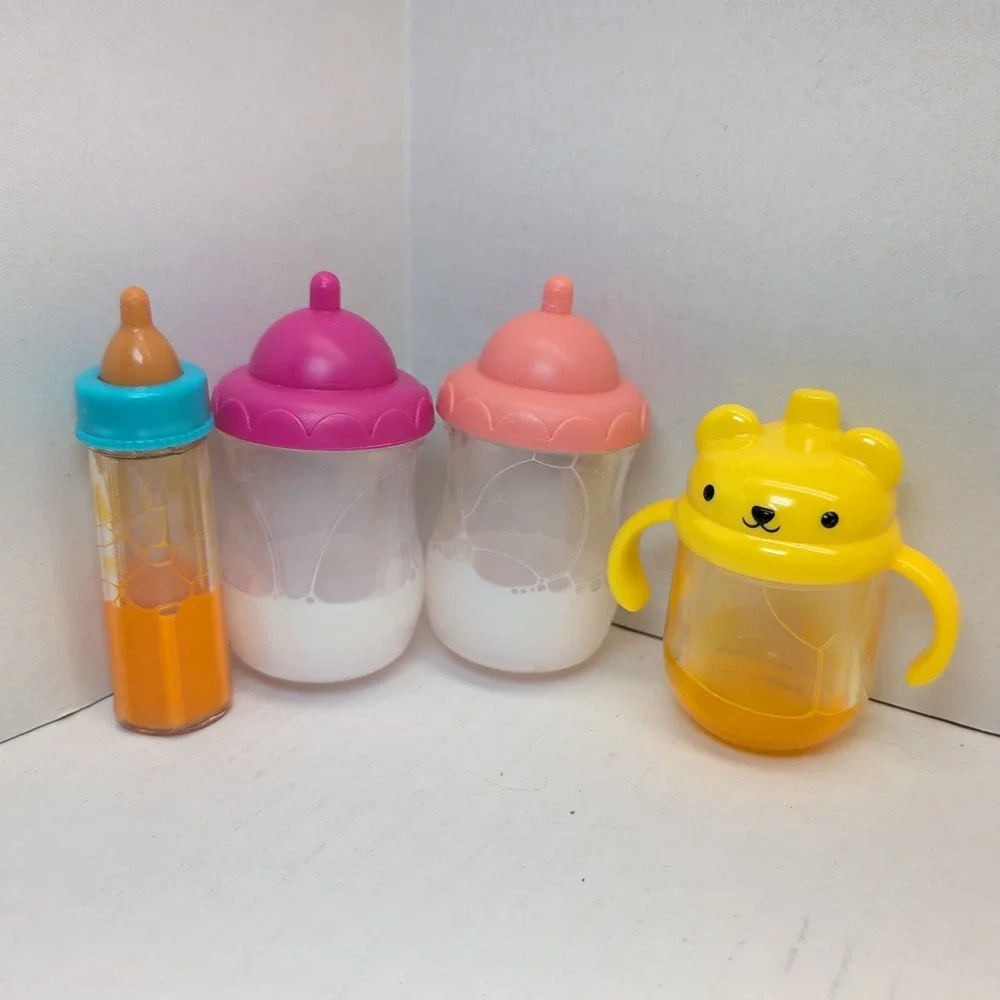 Magic Disappearing Milk and Juice Toy Bottles Set of 4 Doll Accessories Bear Cup