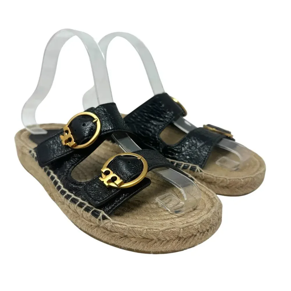 Tory Burch Selby‎ Patent Leather Espadrille Slide Sandals Black Size US 6.5