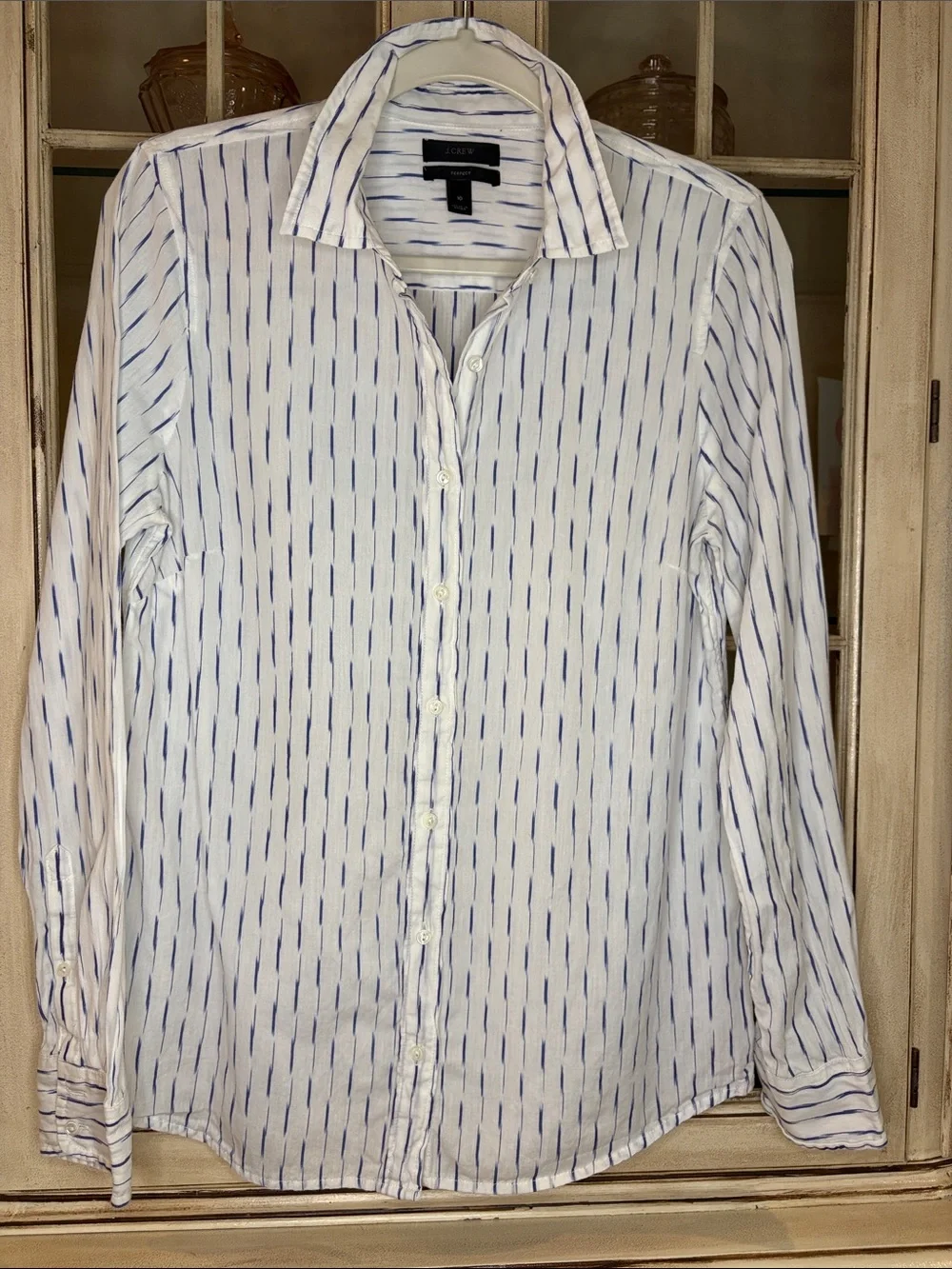 J. Crew 100% Cotton White Button-Down Shirt with Blue Dash Stripe