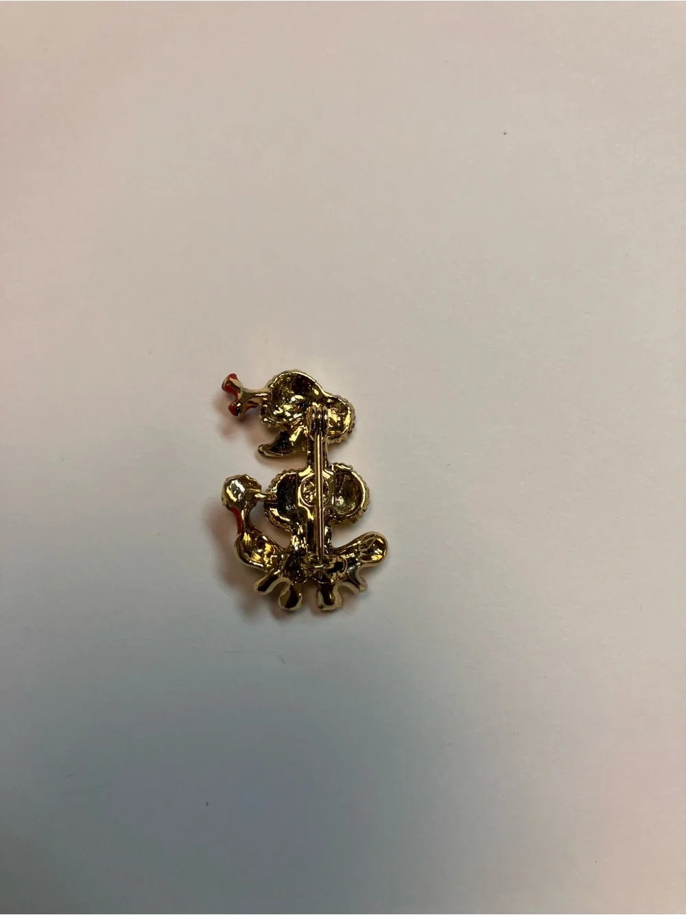 Vintage Gold Tone Poodle Brooch with Red Accents