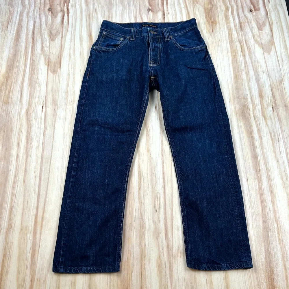 Nudie Jeans Co. Mens 30x26 Blue Denim Dark Wash Straight Leg Button Fly Everyday