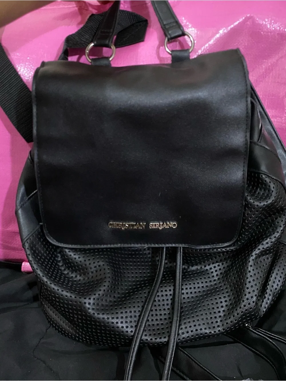 Christian Siriano Black Perforated Faux Leather Backpack