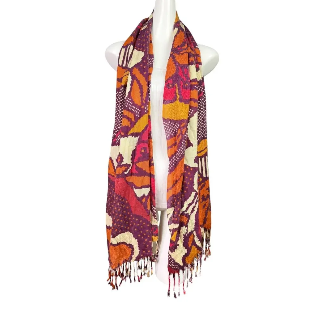 Jones New York Colorful Orange Purple Floral Print Fringe Scarf Wrap 76