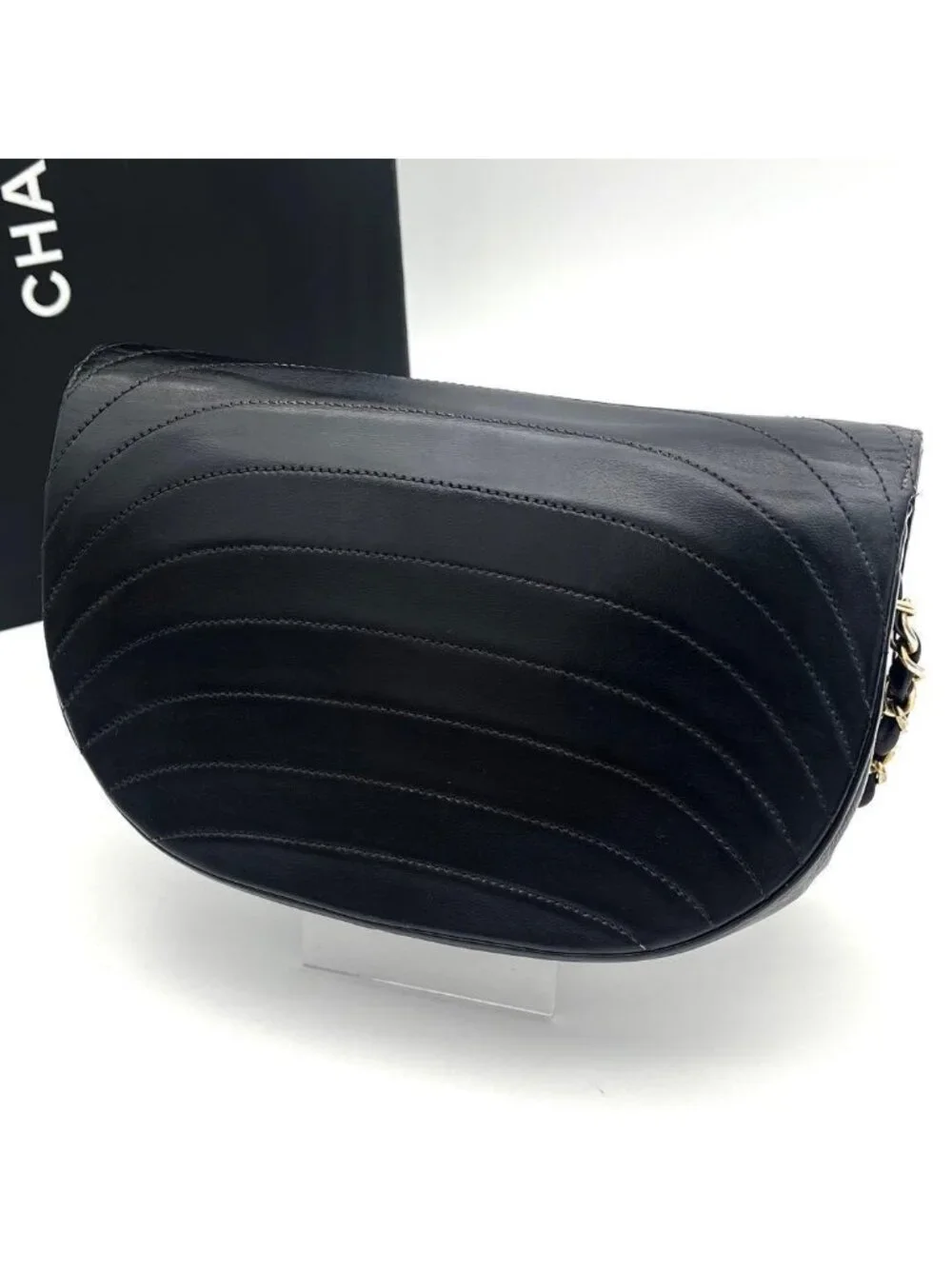Chanel Chain Shoulder Lambskin Black CC Logo Half Moon