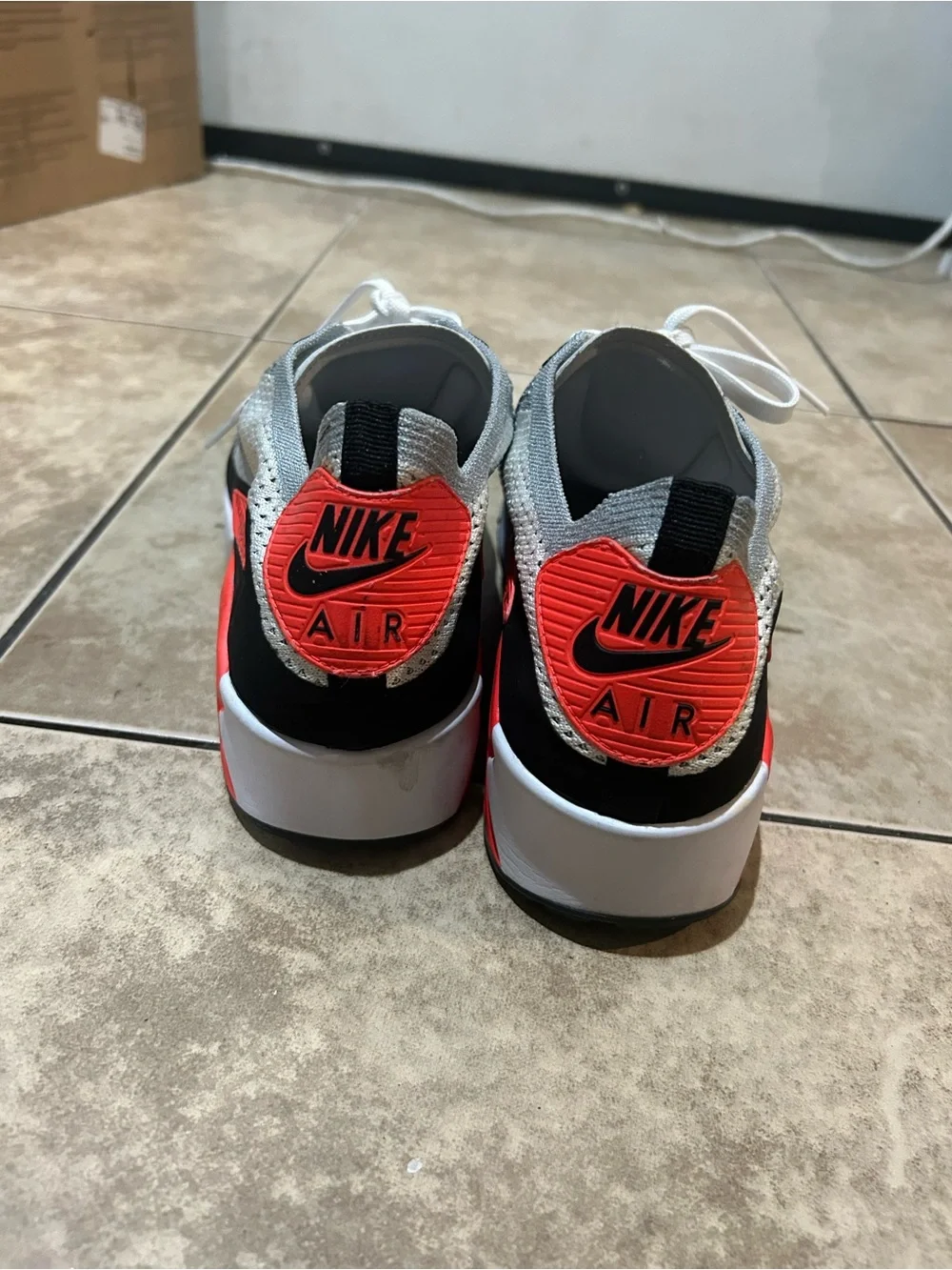 Nike Men’s Flyknit Sneakers in Grey, White & Red-Orange