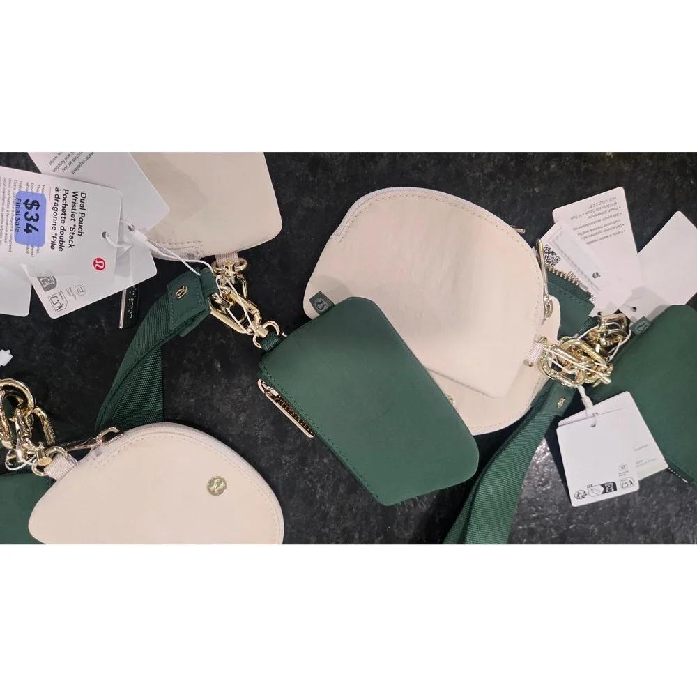 Lululemon Dual Pouch Wristlet Ivy Green Light Ivory Gold LW9GDSS NWT
