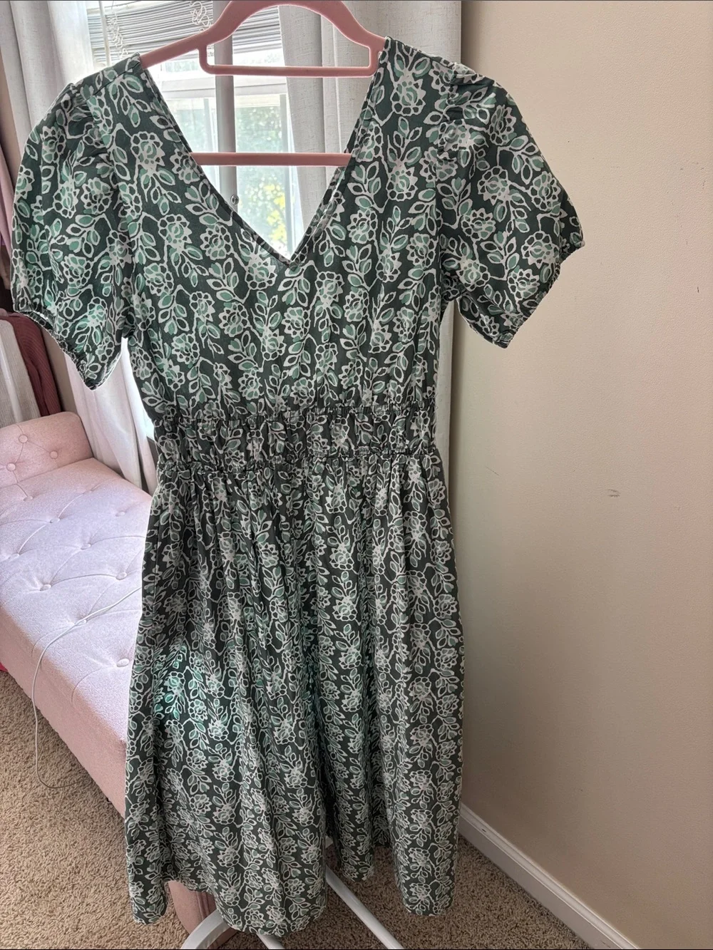 J. Crew Sage Green Floral V-Neck Short Sleeve Midi Dress