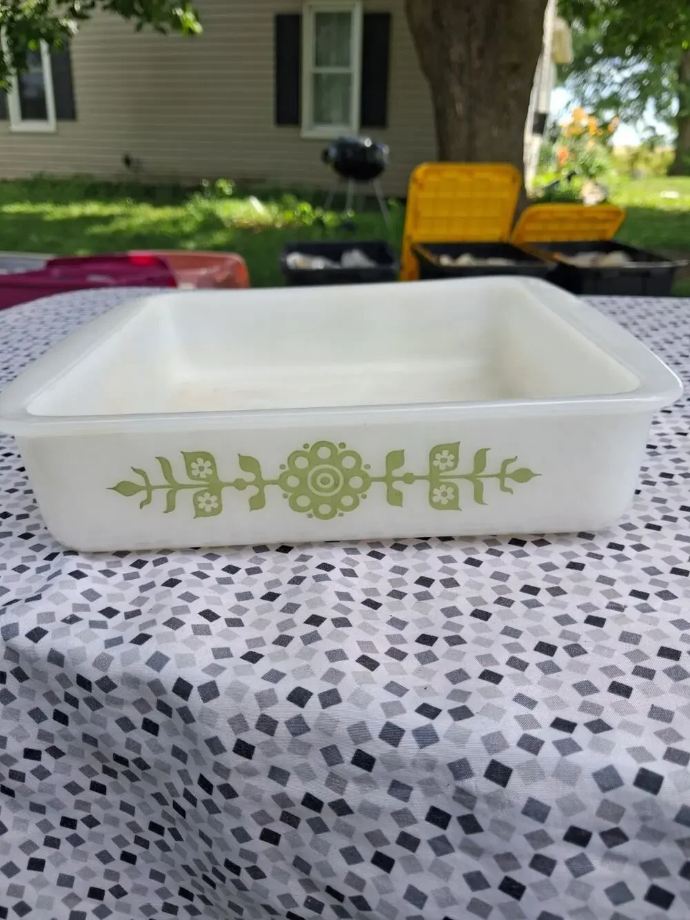 VTG Glasbake Milk Glass Square Brownie Dish Green Flower Floral Pattern J2428