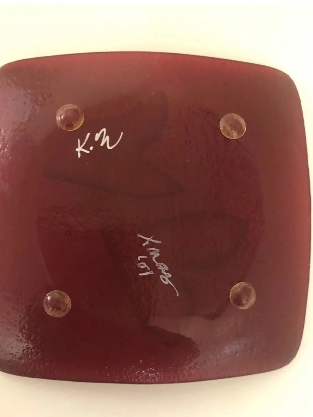 Red Fused Glass Trinket Dish with White Heart Accents