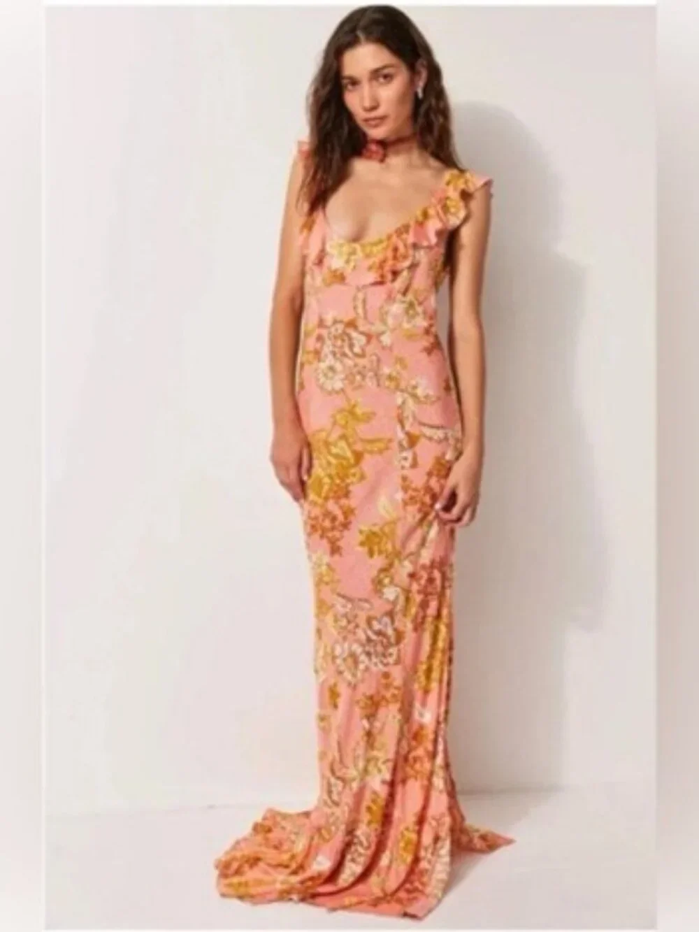Free People Remind Me Maxi Slip Dress Floral Pink Coral Combo Ruffle S