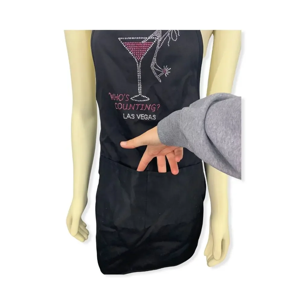 Who's Counting Las Vegas Martini & Heel rhinestone Apron 2 pockets tie back