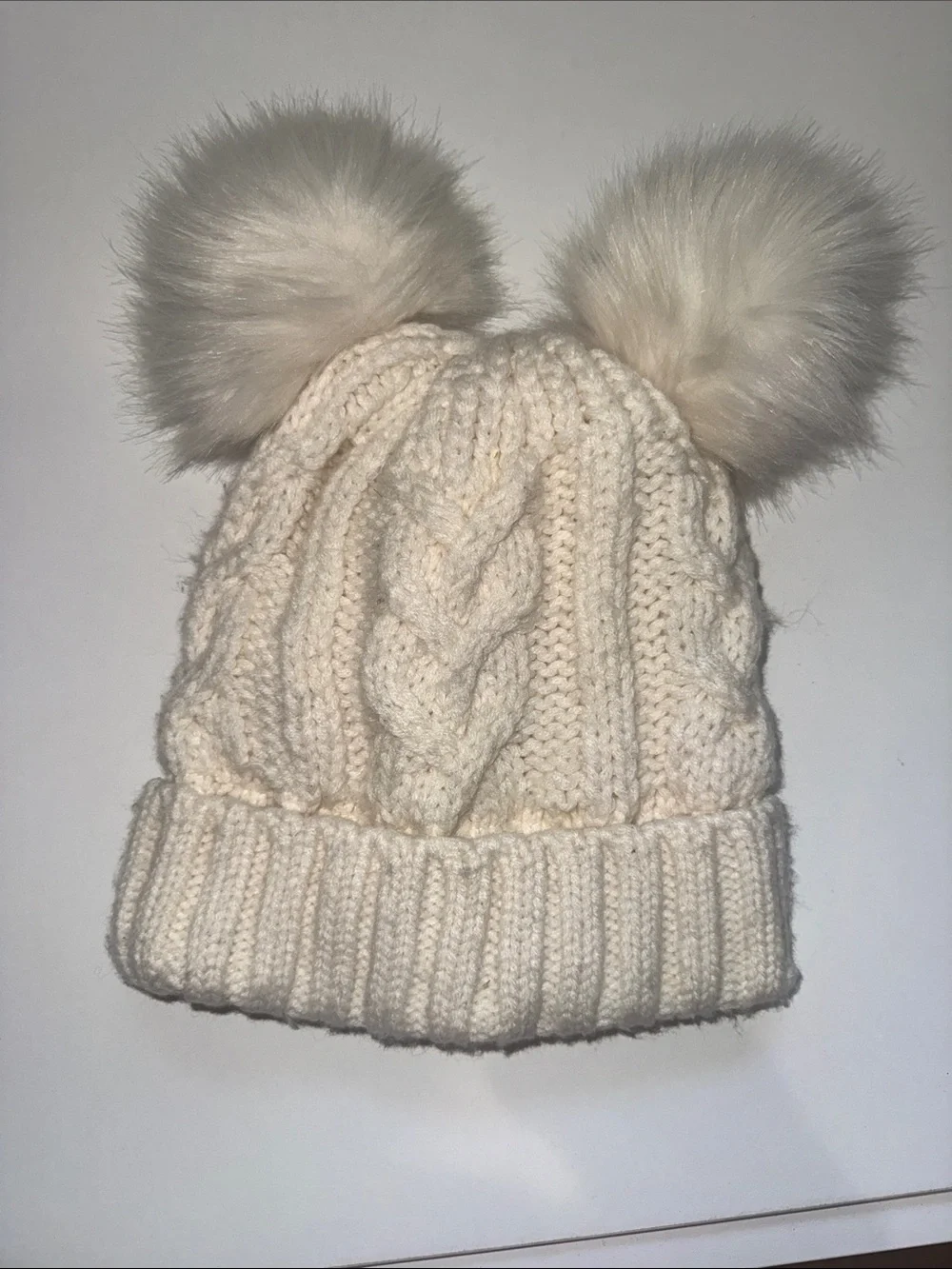 GAP Cream Cable Knit Kids Hat with Double Faux-Fur Poms