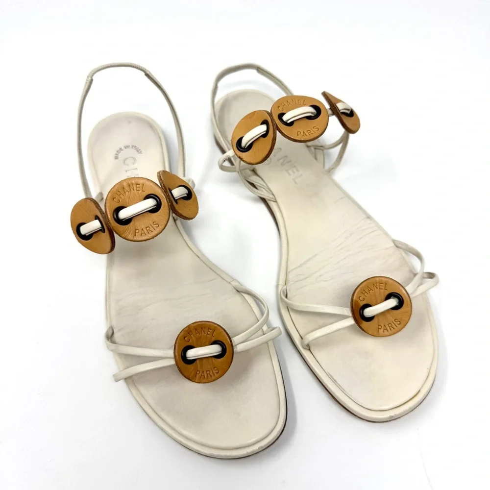 Chanel Flat Thong Sandals Cream with Brown Leather Medallions