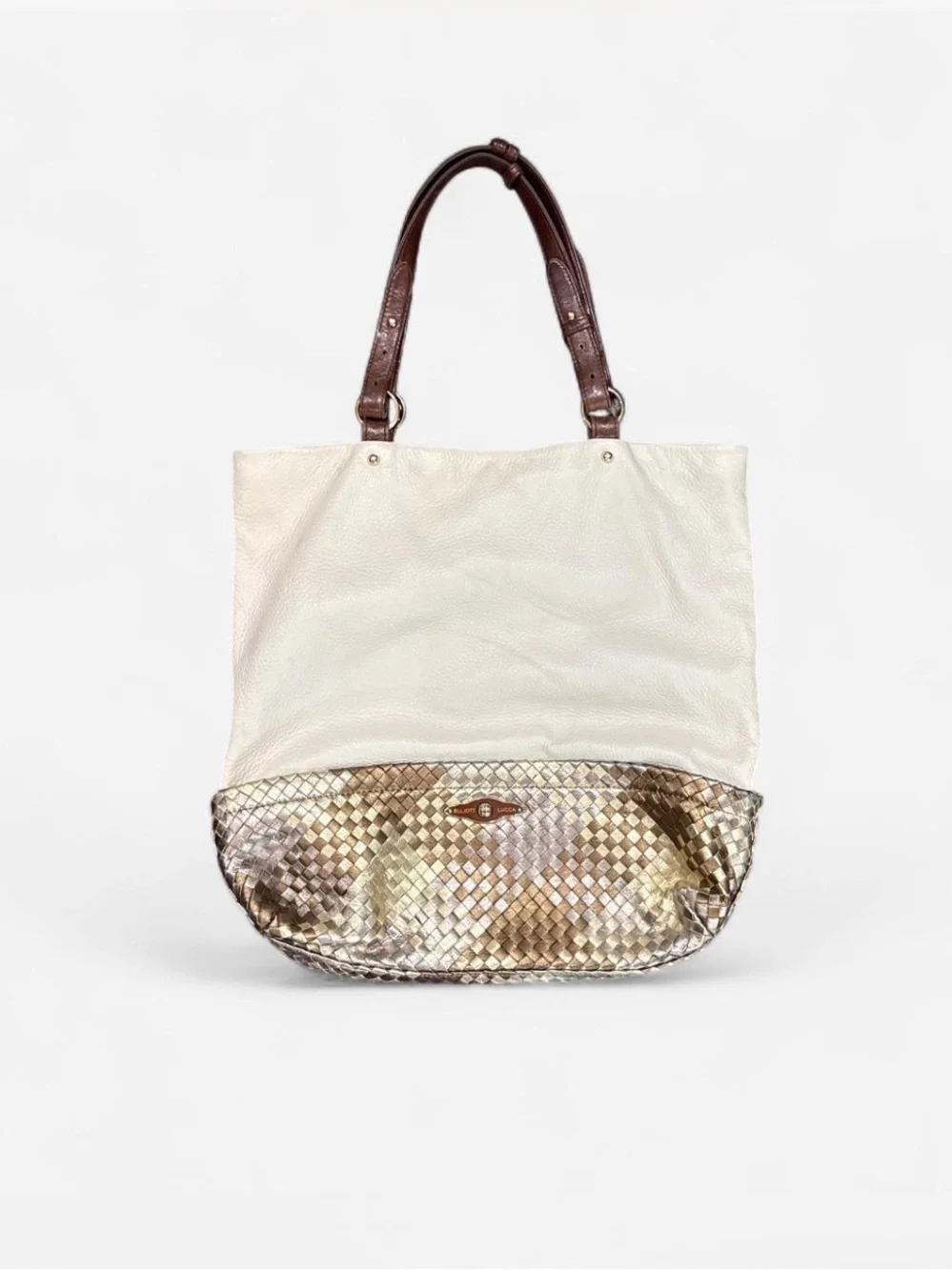 Elliot Lucca Cream Leather Tote Metallic Woven bottom Accent Brown Handles