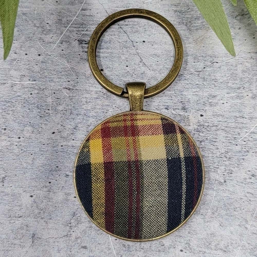 New Handmade | Yellow Maroon Navy Plaid Fabric Button Keychain