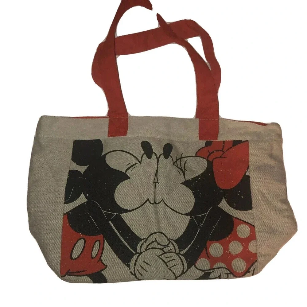 Disney Store Mickey & Minnie Mouse‎ Canvas Tote Bag Logo Gray Black Red Graphic