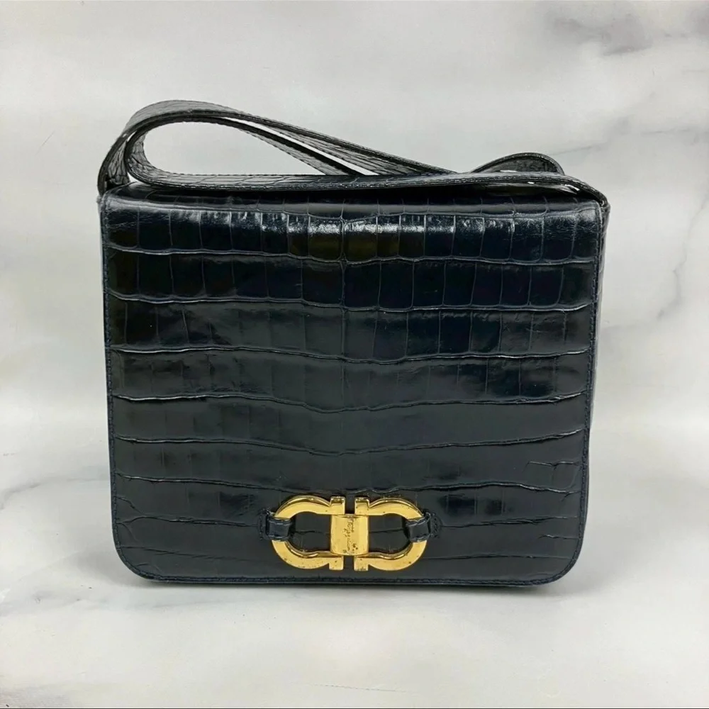 Salvatore Ferragamo Vintage Black Crocodile Embossed Leather Bag Gancini Italy