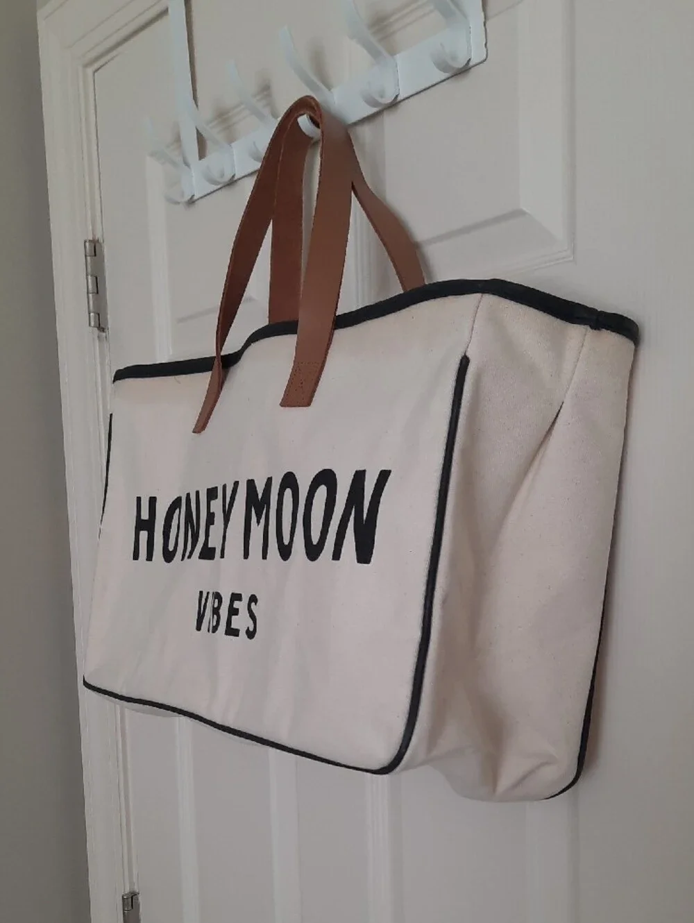 Cream Canvas 'HONEYMOON VIBES' Tote with Brown Handles