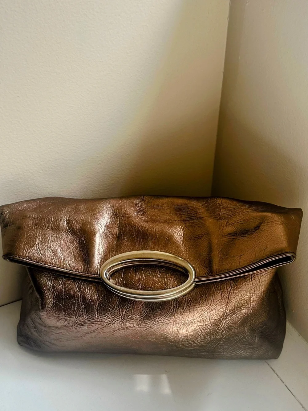 Metallic Bronze Tote Bag with Oval Top Handle