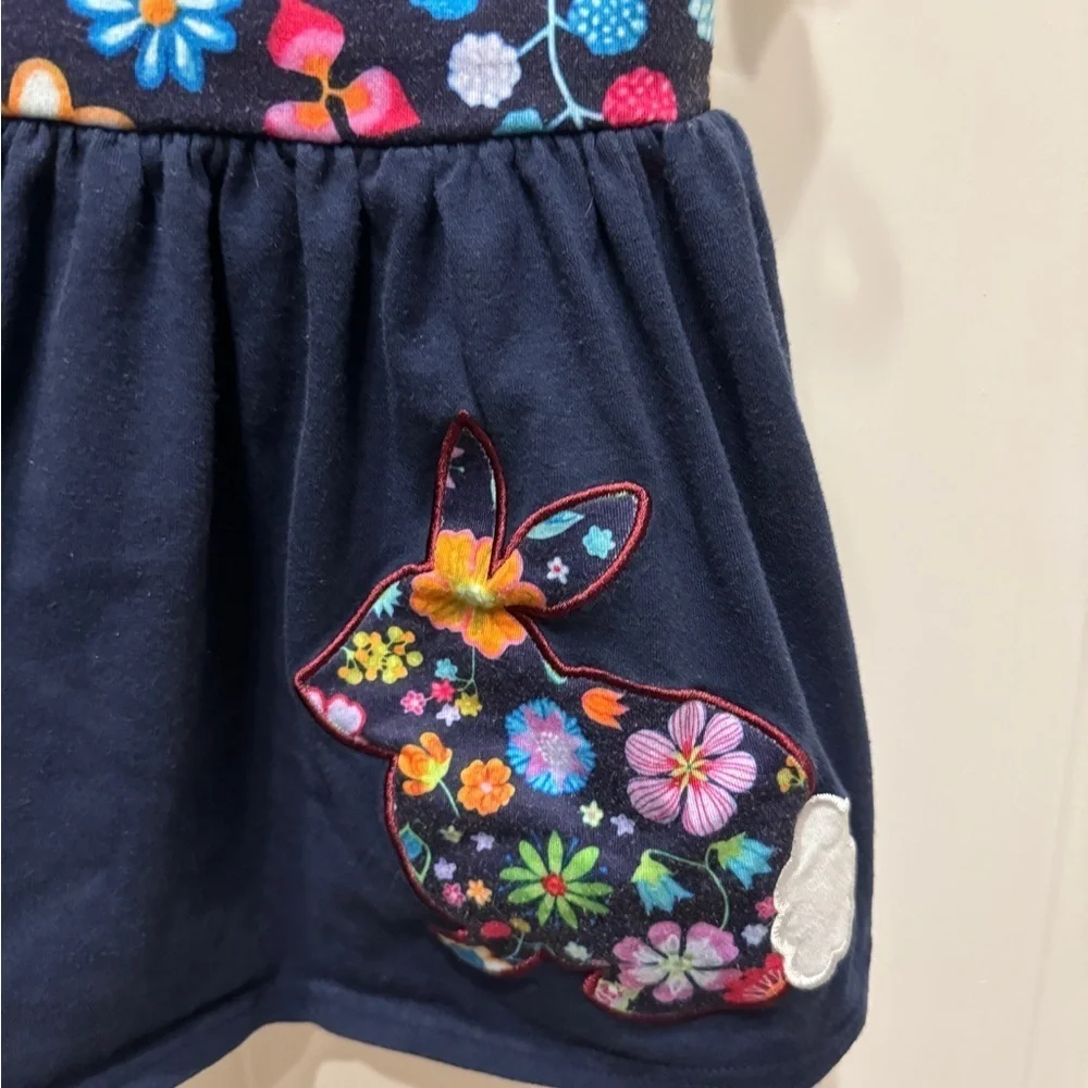 Girls 2T Navy Blue Floral Rabbit Bunny Easter Short Sleeve Dress