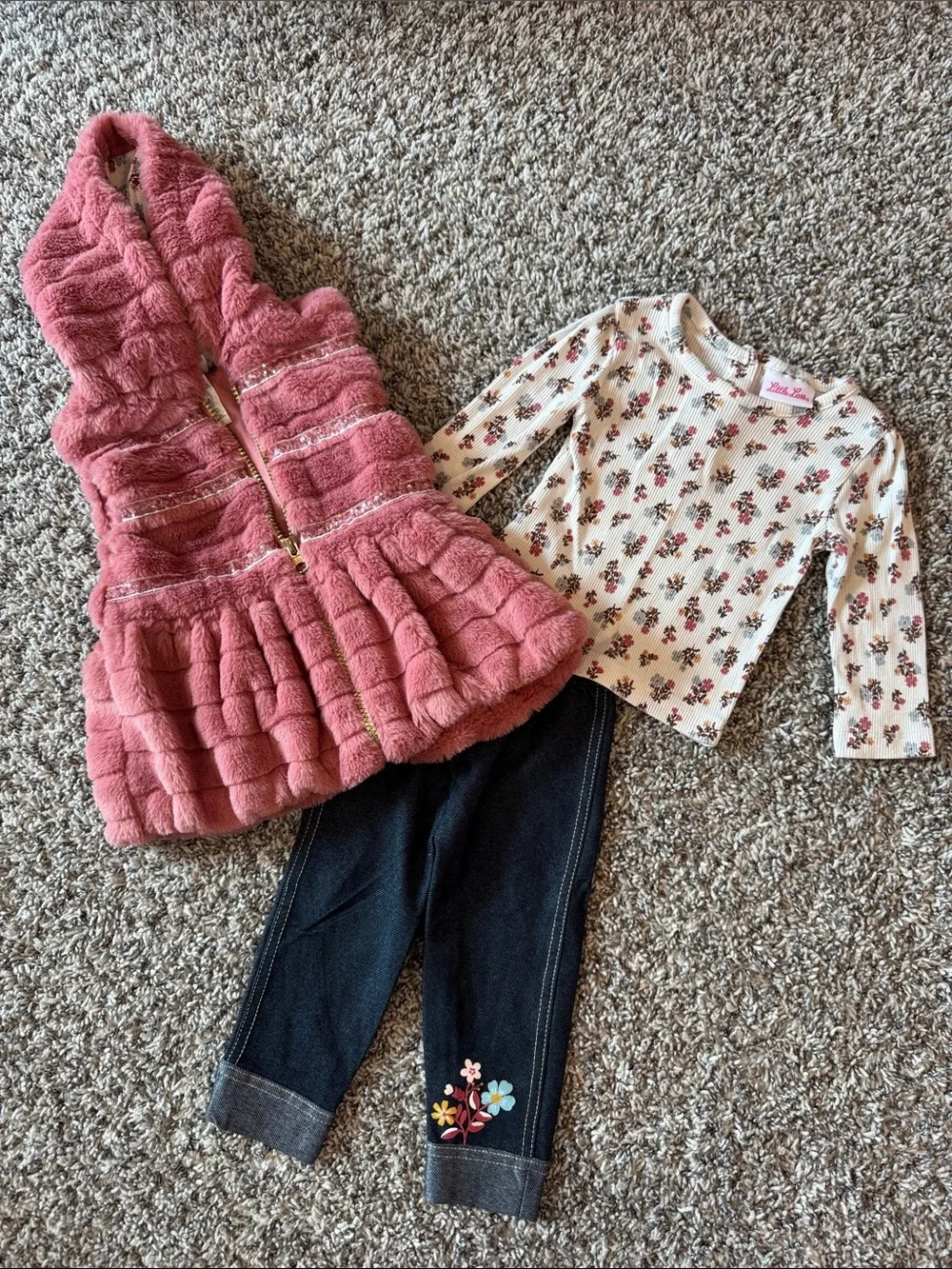 Little Lass Pink Faux Fur Vest, Floral Top & Dark Blue Jeggings Set