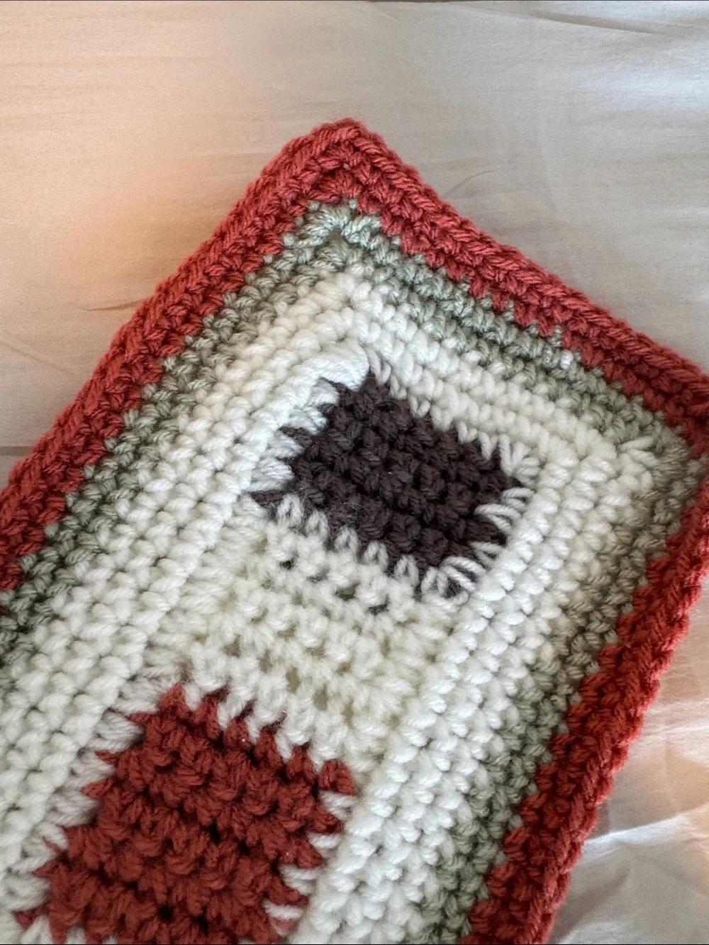 Handmade Crochet Scarf with Ivory, Rust, Sage & Charcoal Squares