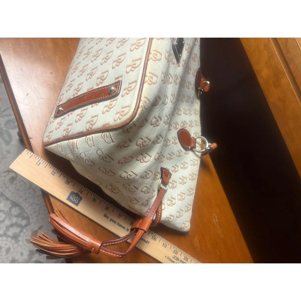 Dooney & Bourke DB Monogram Canvas Tote Bag Tassels‎ Leather Trim Large