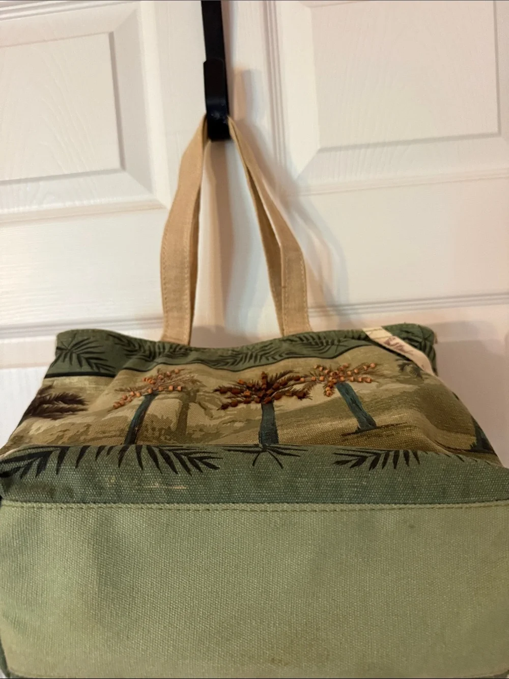 Paul Brent Canvas Palm-Print Tote Bag in Olive Green with Beige Straps
