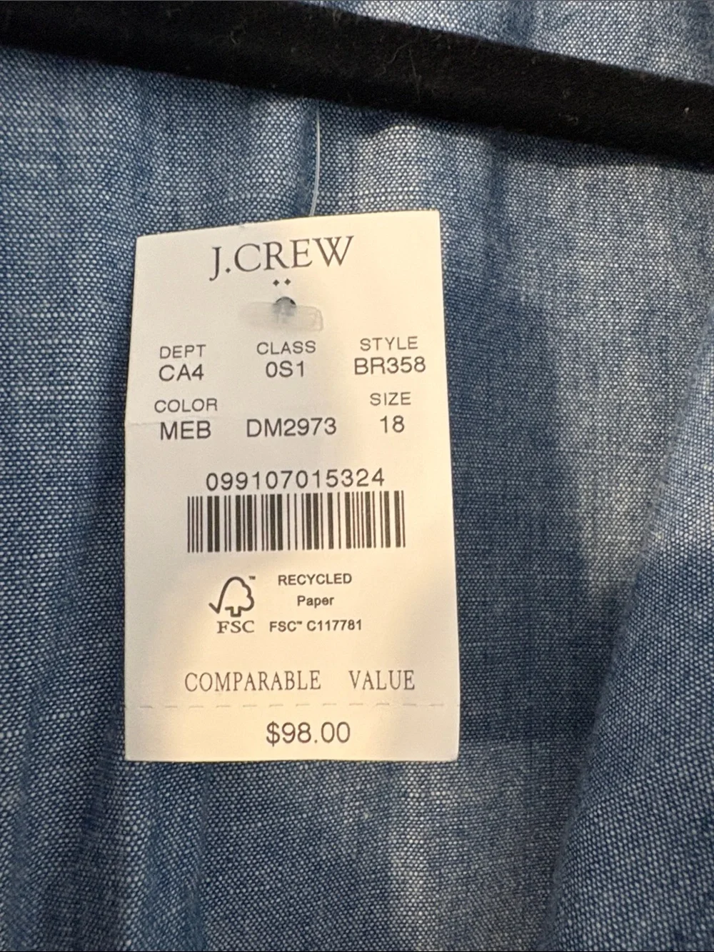NWT J. Crew Blue Chambray Button-Down Shirt Dress with Tie Waist - Size 18