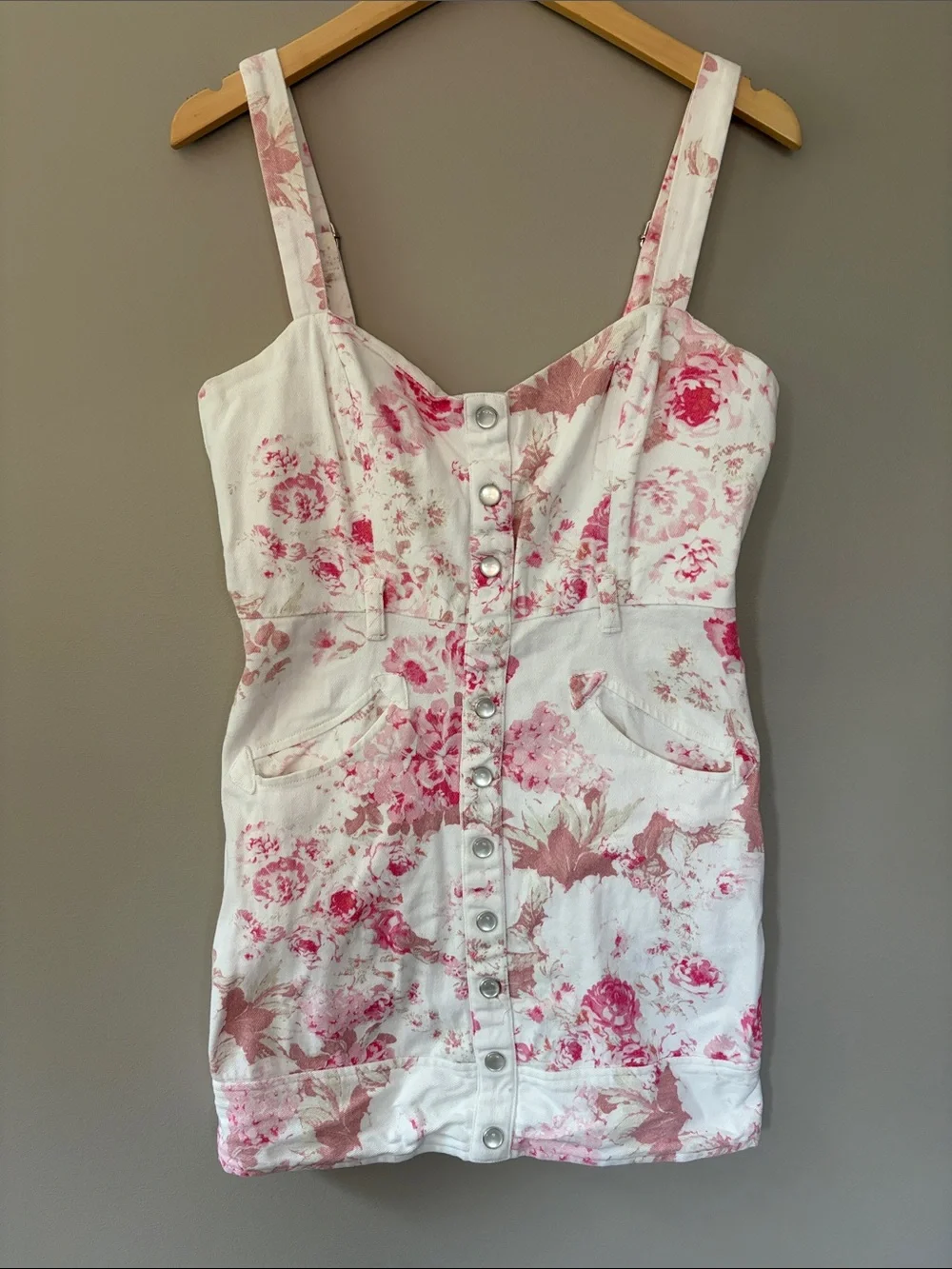 For Love & Lemons Weston Floral Denim Mini Dress Medium White Pink