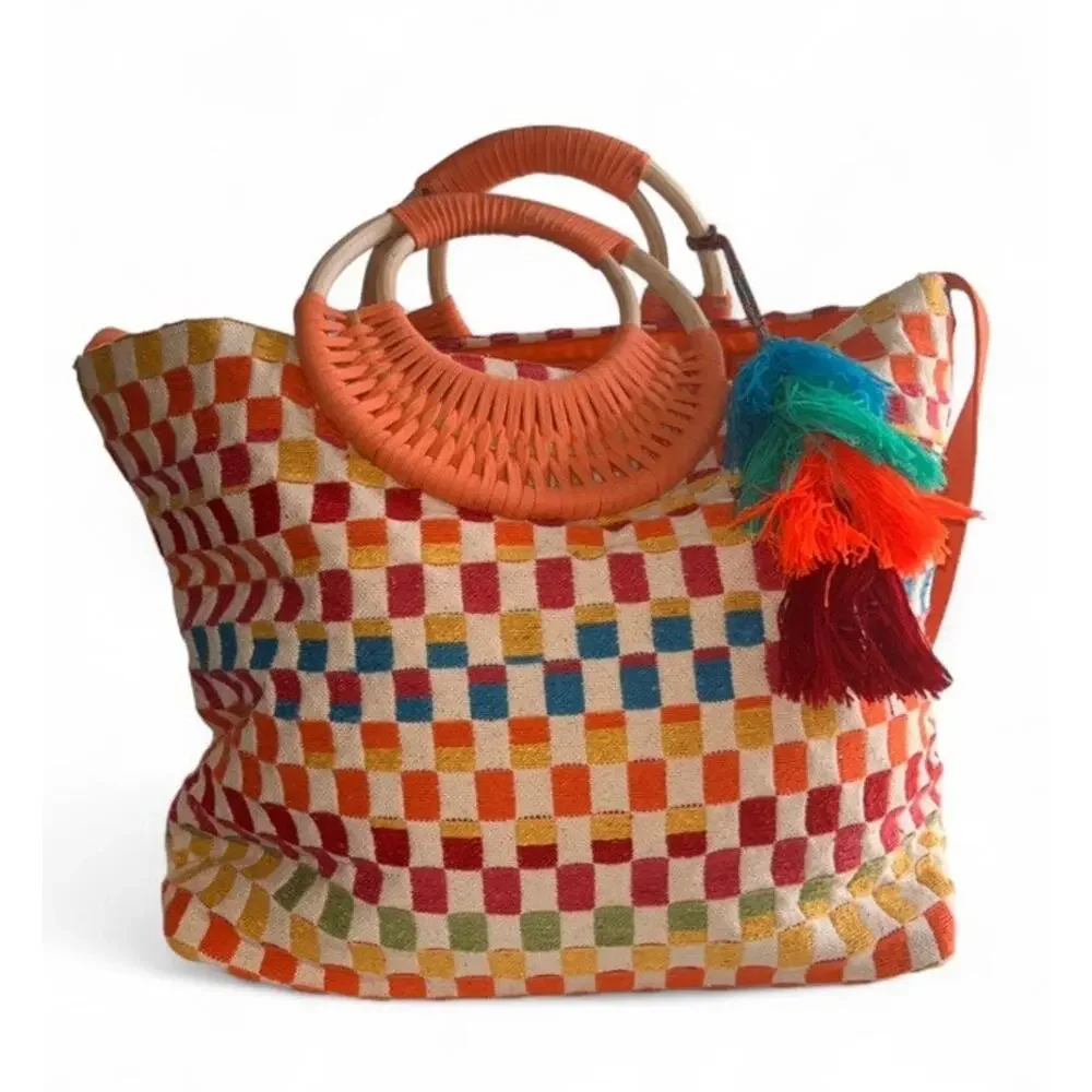 America & Beyond Sunshine Tote Bag Woven Checker Multicolor Tassel Boho Beach