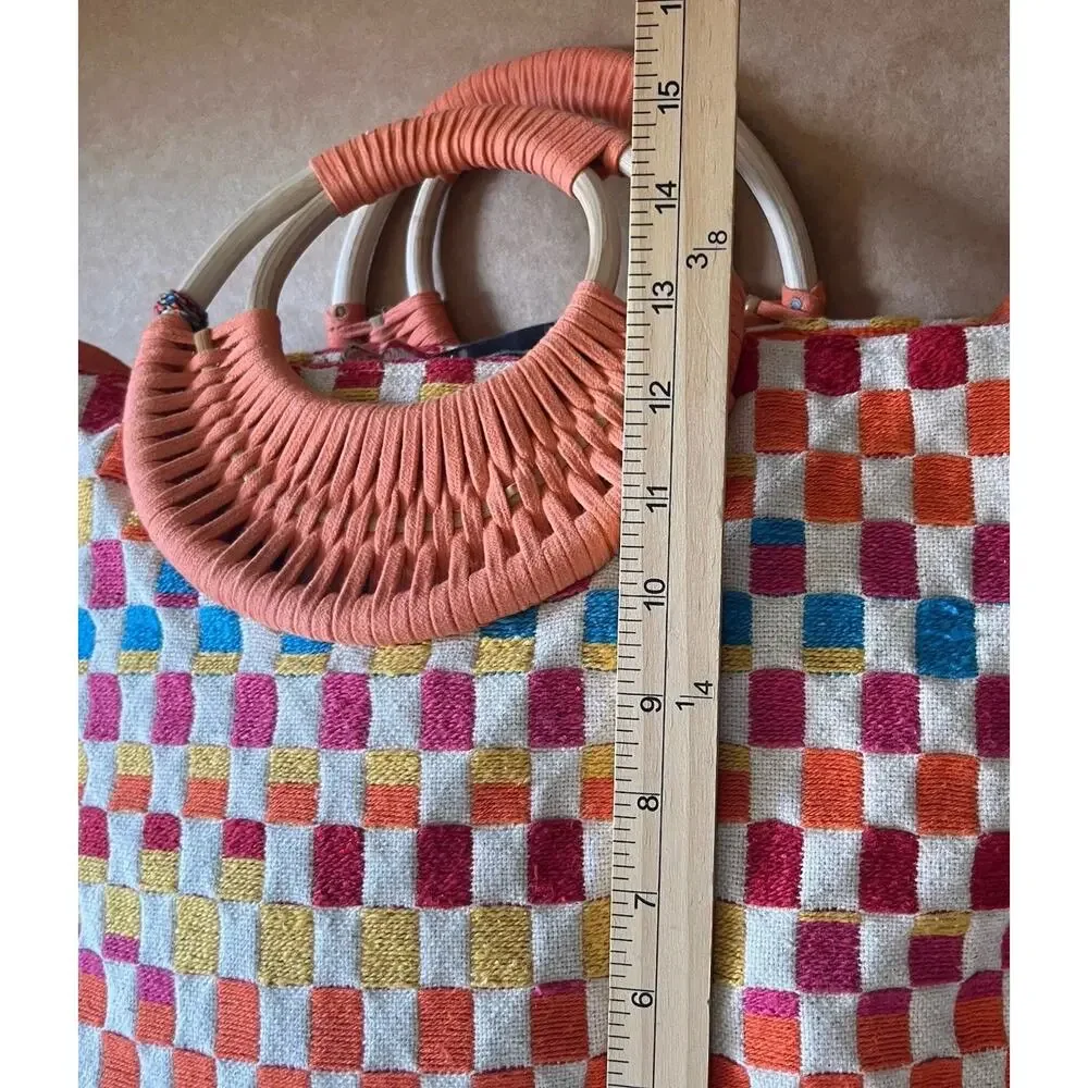 America & Beyond Sunshine Tote Bag Woven Checker Multicolor Tassel Boho Beach