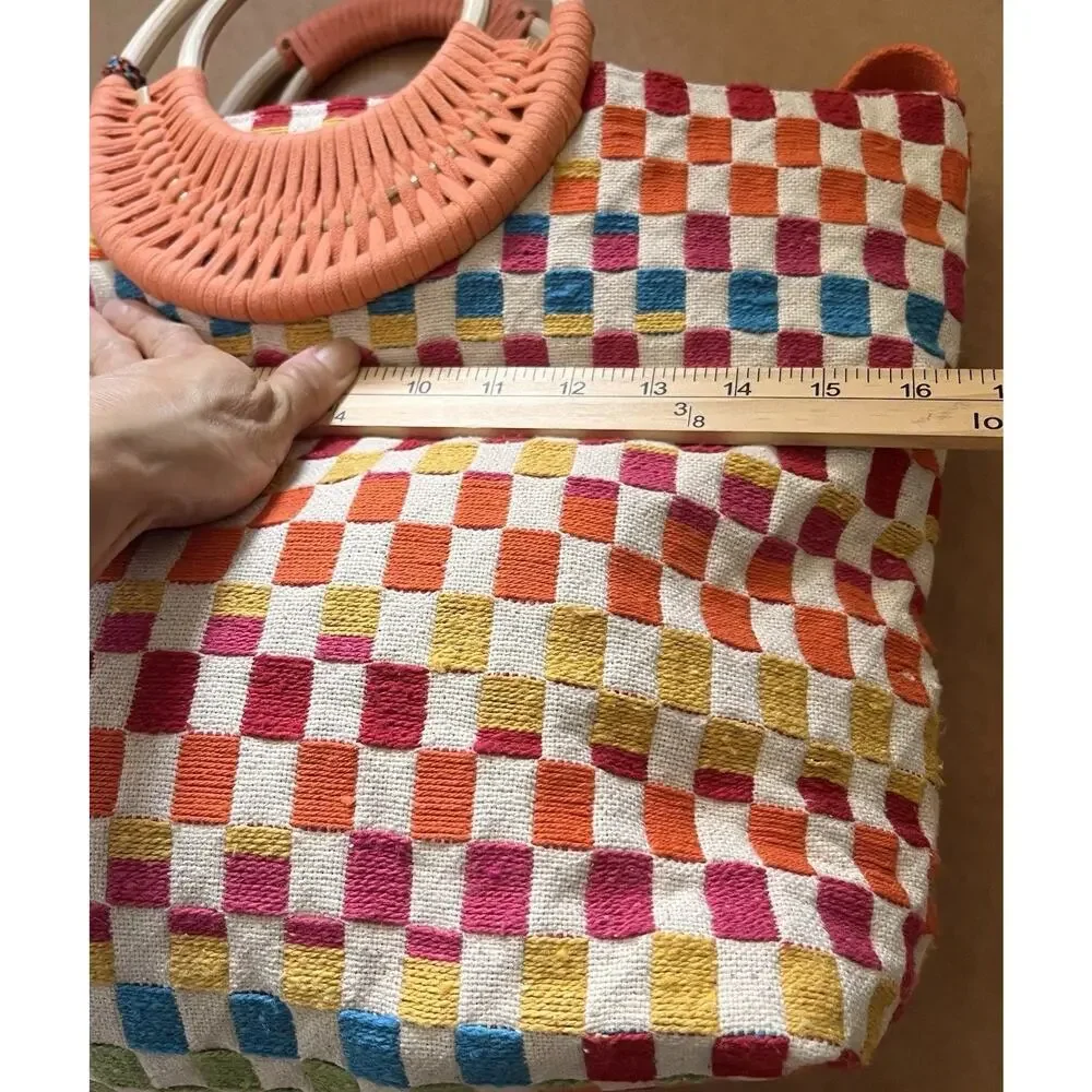America & Beyond Sunshine Tote Bag Woven Checker Multicolor Tassel Boho Beach