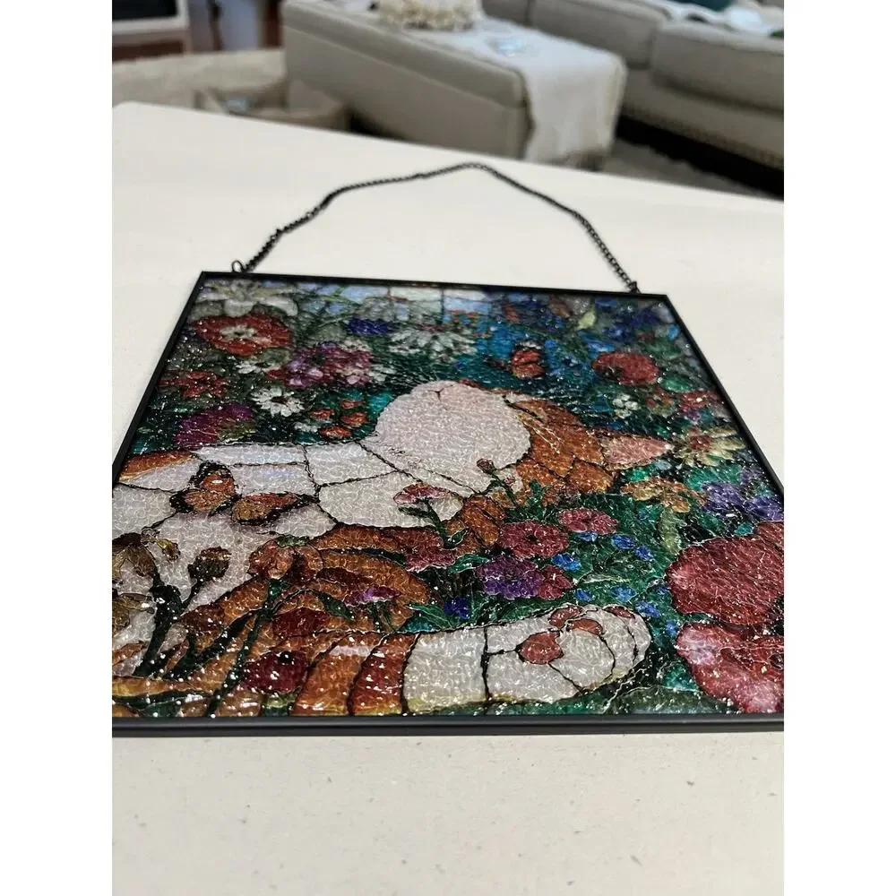 Orange Cat Stained Glass Flowers Suncatcher, Window Tabby Hanging 7 1/4”