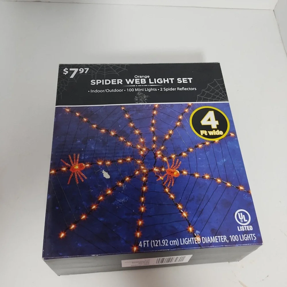 100 Ct Spider Web‎ Shape Orange Light Set 2 Spider Reflectors Halloween Decor