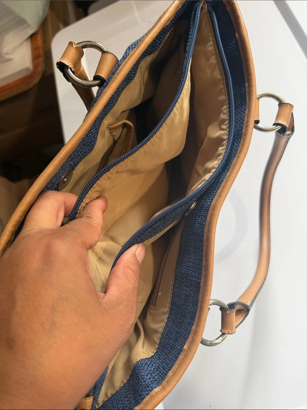 Blue Canvas Tote with Tan Braided Handles - Casual Women's Bag