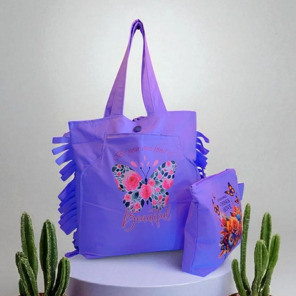 Vibrant Purple Tote Bag Set with Floral Design