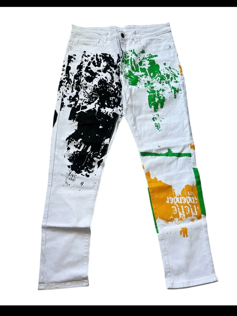 Slim White Men's Jeans with Black, Green & Yellow Graphic Prints