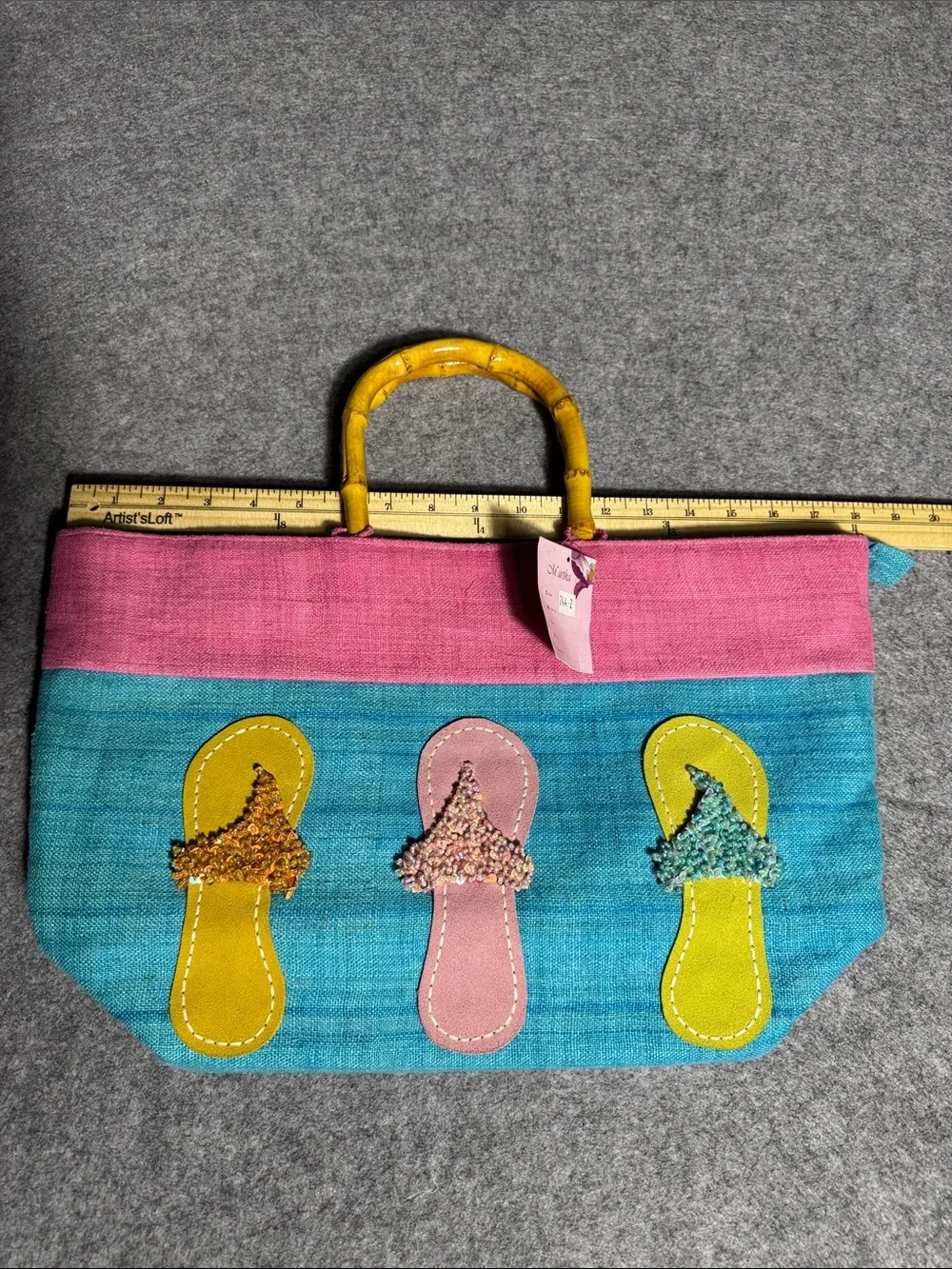 Anna Bui Gallery Handmade Tote Bag Bamboo Handles Flip Flop Appliqué