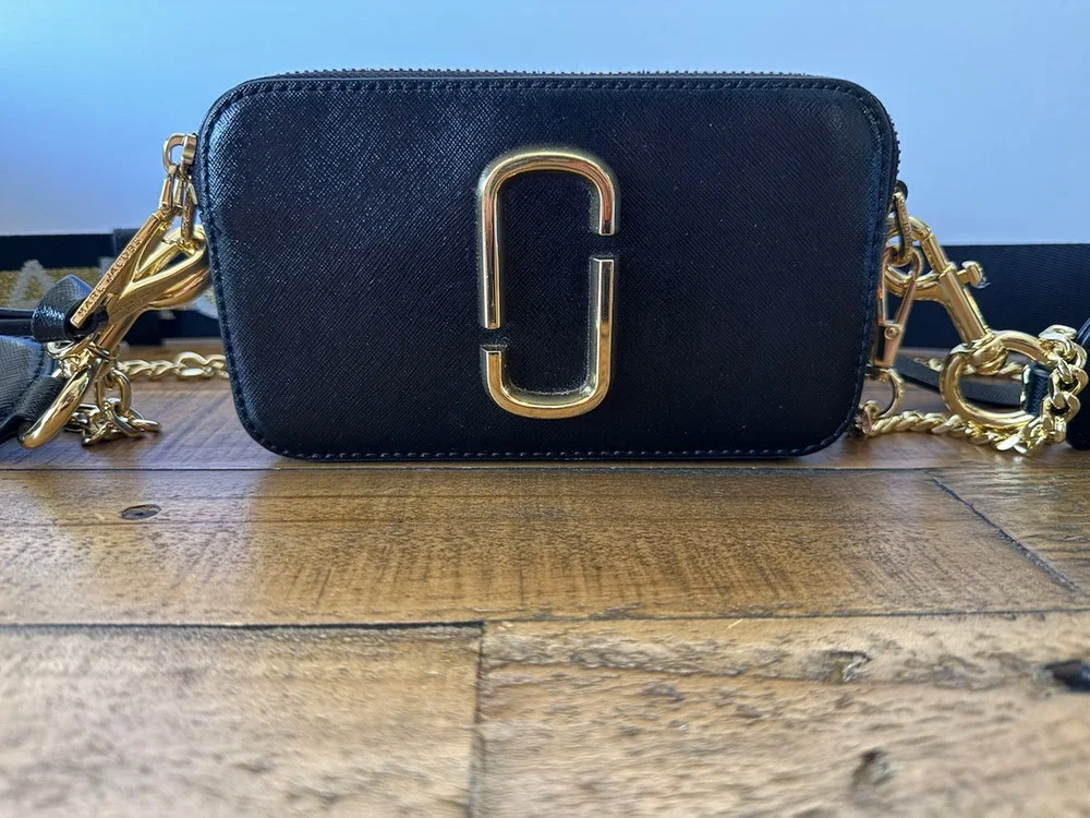 Marc Jacobs The Snapshot Bag Women's Small Black Leather Crossbody Glitter Strap