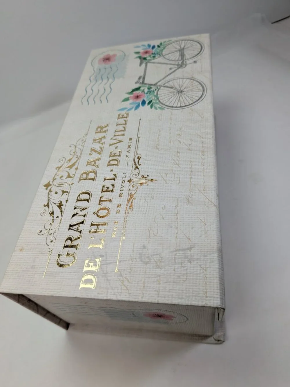 Paris France Storage Box Bicycle Gold Metallic Floral Postcard Art Blue