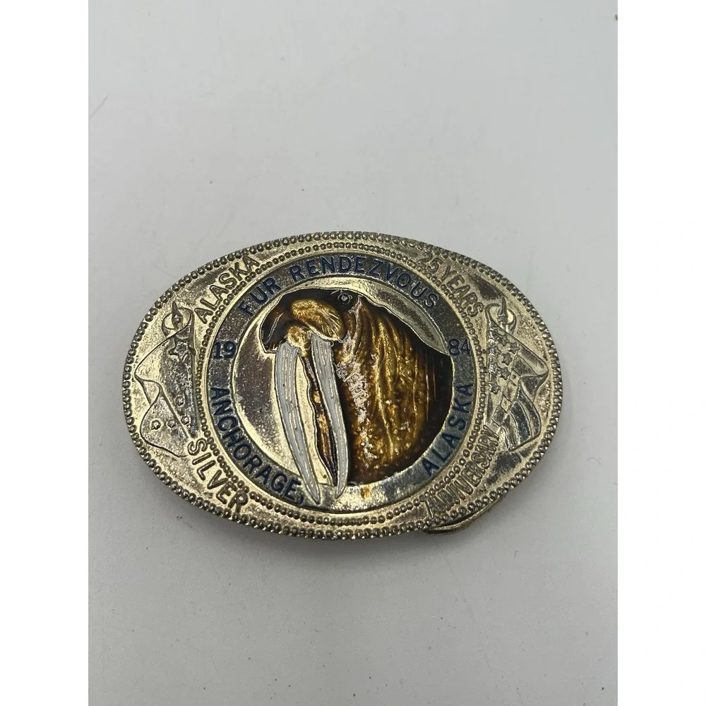 Vintage 1984 Alaska Fur Rendezvous 25 Years Anchorage Belt Buckle Walrus