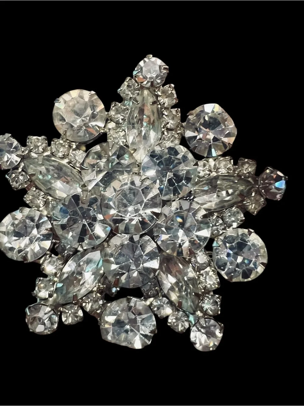 Starburst Rhinestone Brooch VTG Mid-Century Modern Clear Silver Tone Cluster