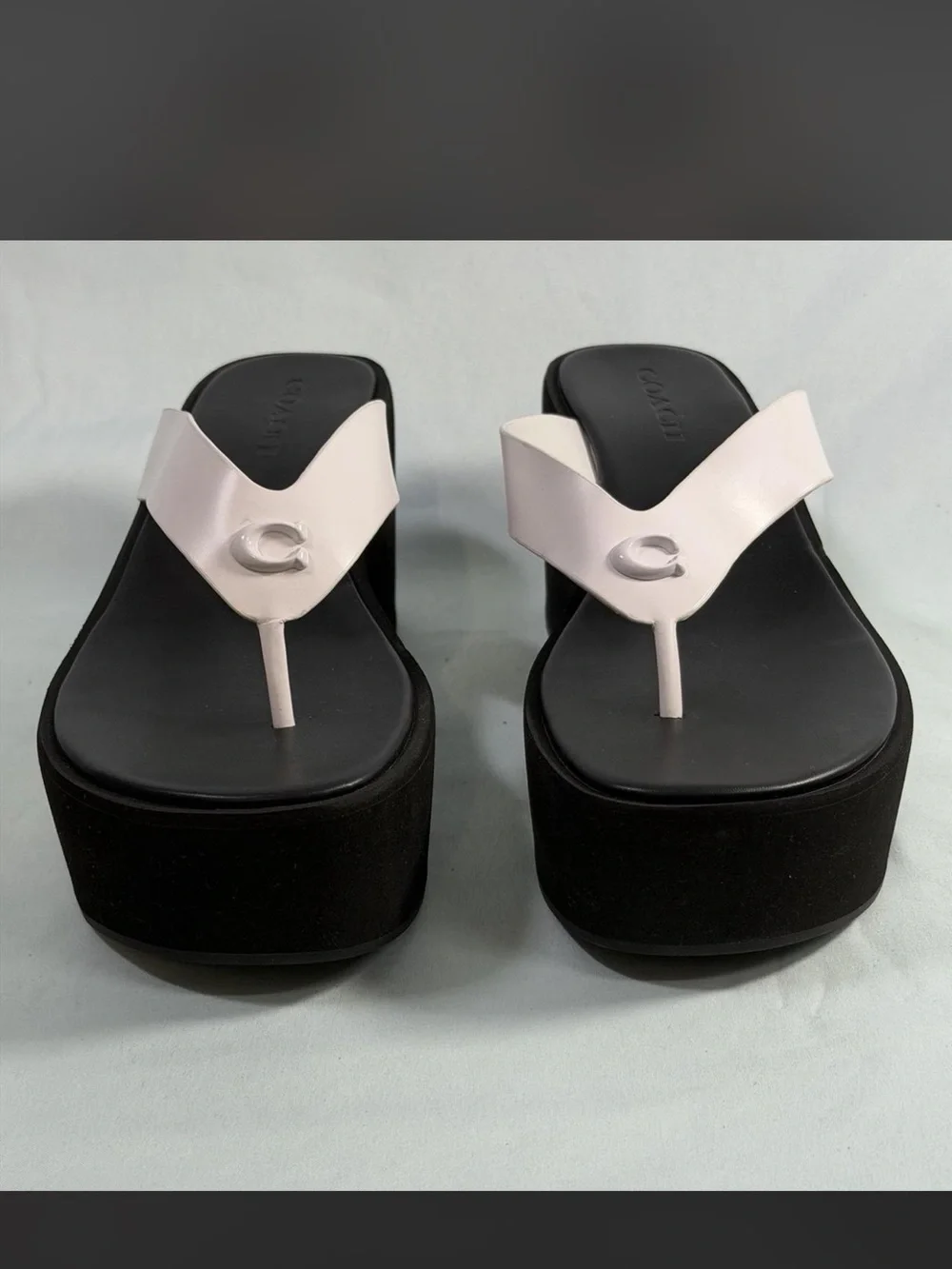 Coach Black Platform Thong Sandals with White Straps