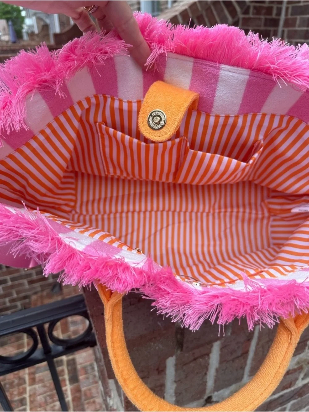 🩷Pink & White Striped Fringe Tote with Orange Handles and  Crossbody Strap🩷