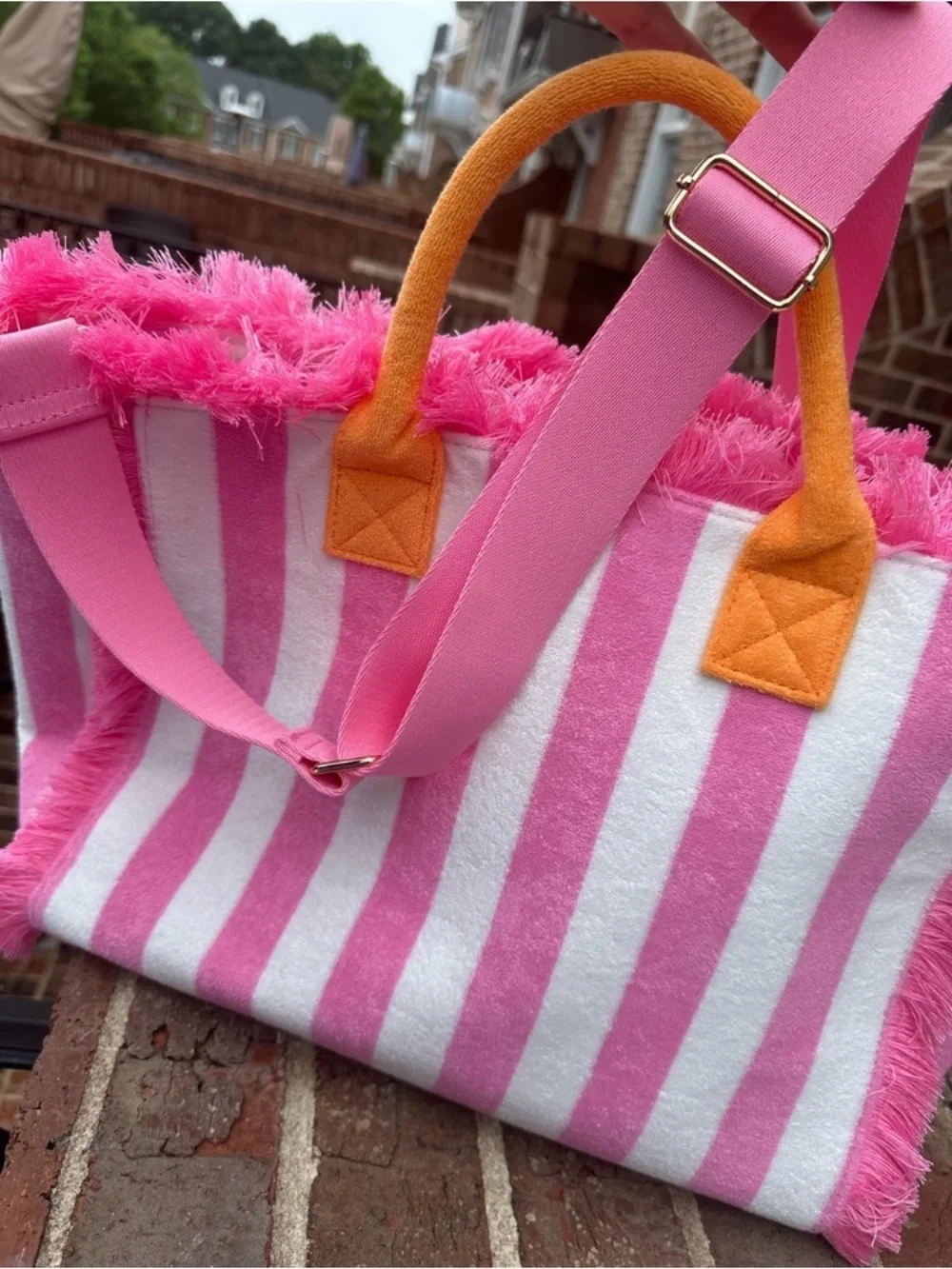 🩷Pink & White Striped Fringe Tote with Orange Handles and  Crossbody Strap🩷