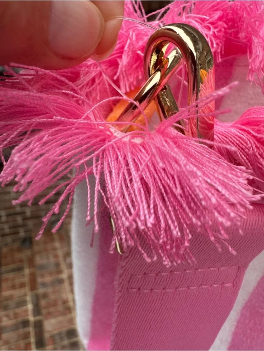 🩷Pink & White Striped Fringe Tote with Orange Handles and  Crossbody Strap🩷